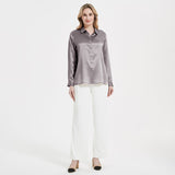 Elegant Womens Pearl Buckle Silk Blouse Silk Long Sleeves Shirt