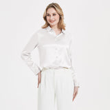 Elegant Womens Pearl Buckle Silk Blouse Silk Long Sleeves Shirt