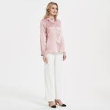 Elegant Womens Pearl Buckle Silk Blouse Silk Long Sleeves Shirt