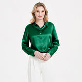 Elegant Womens Pearl Buckle Silk Blouse Silk Long Sleeves Shirt