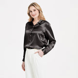 Elegant Womens Pearl Buckle Silk Blouse Silk Long Sleeves Shirt