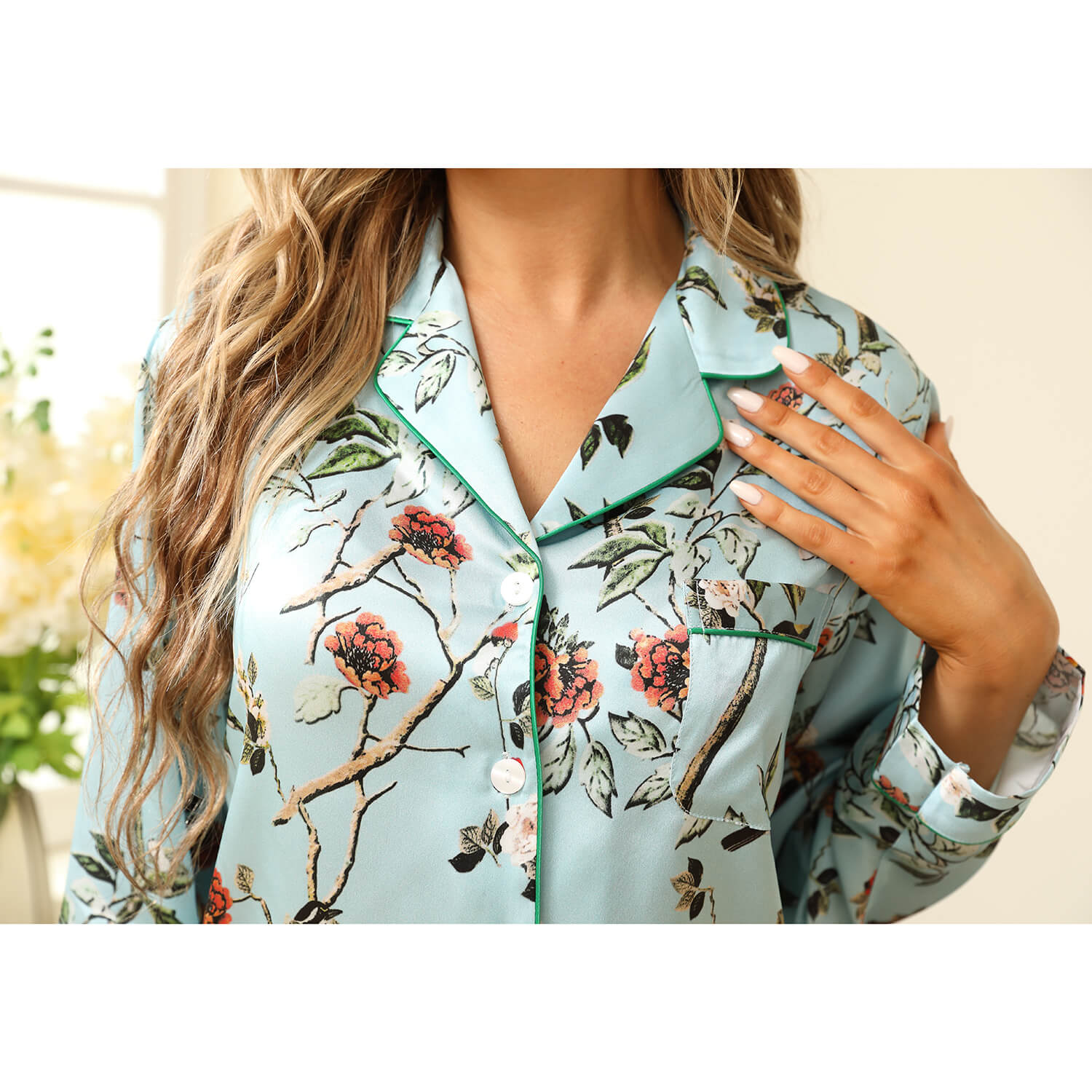 Women Flower Print Silk Pajamas Long Silk Pajama Set