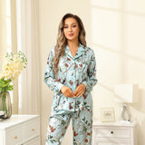 Women Flower Print Silk Pajamas Long Silk Pajama Set