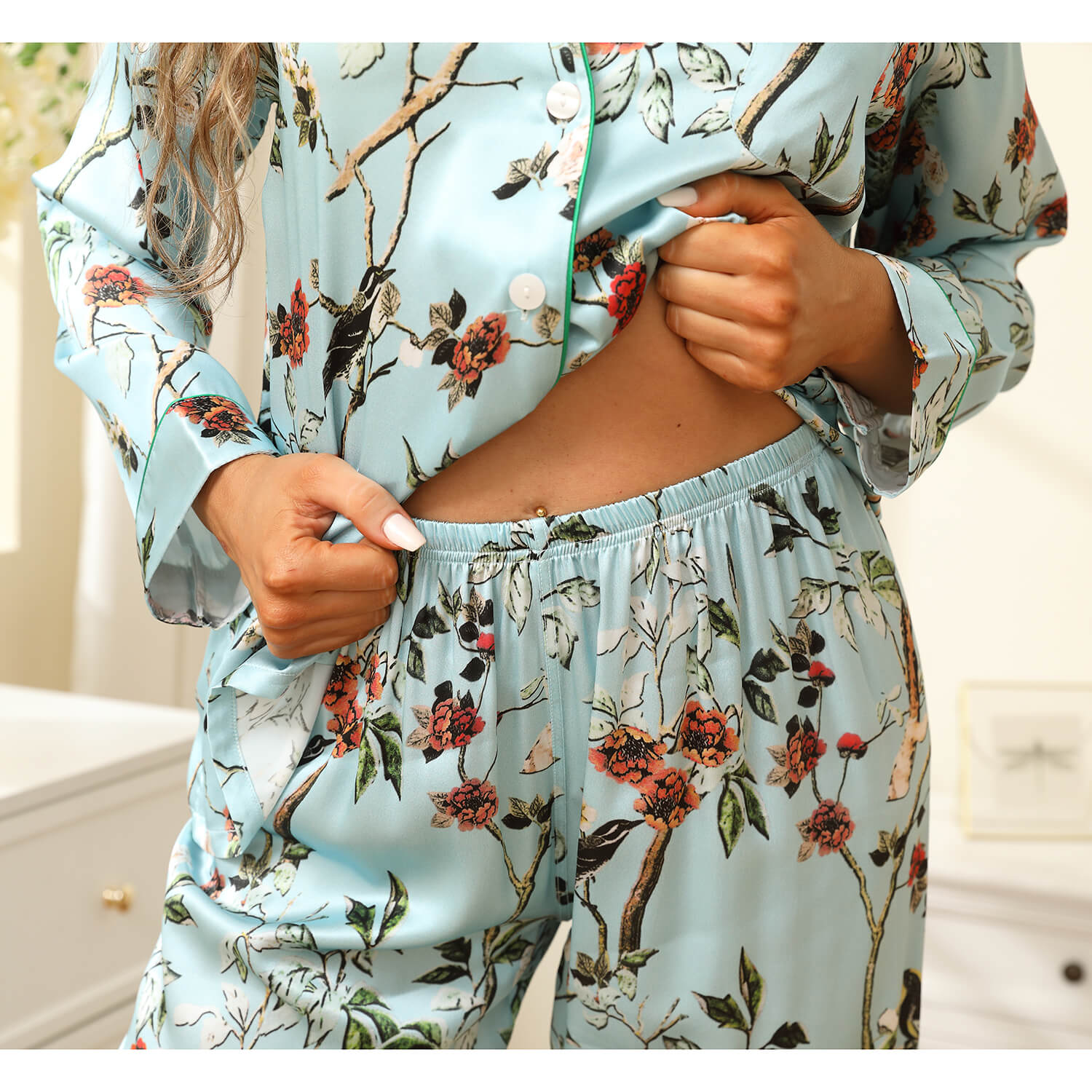 Women Flower Print Silk Pajamas Long Silk Pajama Set