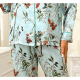 Women Flower Print Silk Pajamas Long Silk Pajama Set