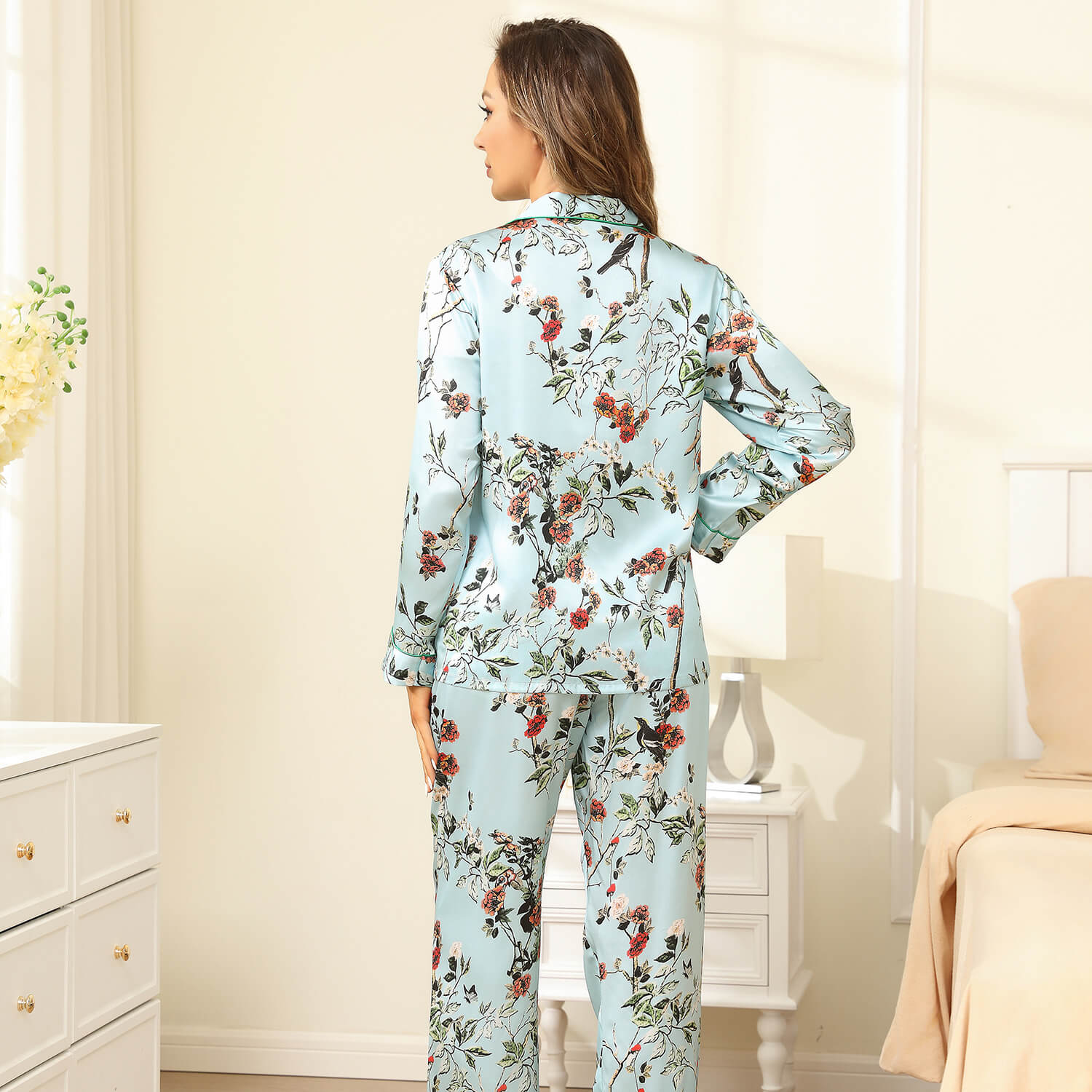 Women Flower Print Silk Pajamas Long Silk Pajama Set