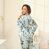 Women Flower Print Silk Pajamas Long Silk Pajama Set