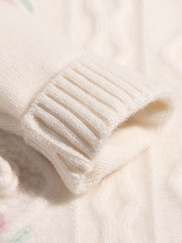 Girls Cashmere Sweater Cable Knit Floral Embroidery Cashmere Blouse
