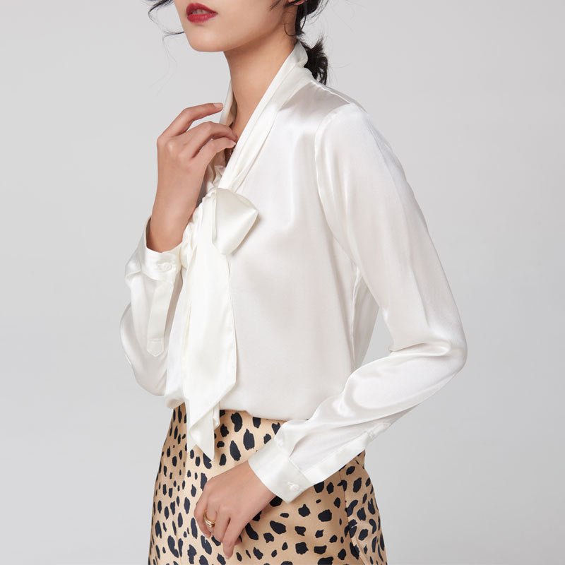 Gold Tie Neck Long Sleeve Silk Shirt For Women - slipintosoft