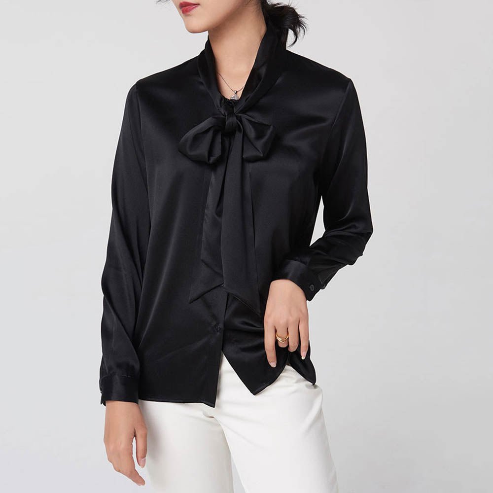 Gold Tie Neck Long Sleeve Silk Shirt For Women - slipintosoft