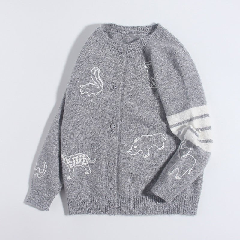Kids Cashmere Cardigan Animal Embroidery Stripe Sleeve Cashmere Sweater