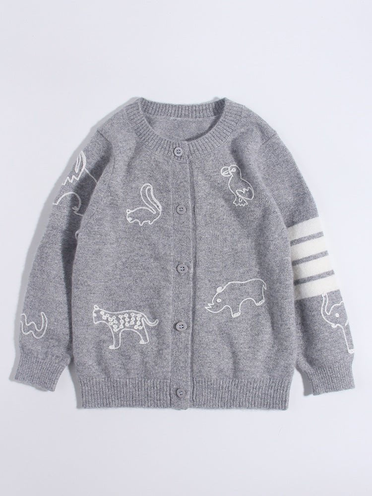 Kids Cashmere Cardigan Animal Embroidery Stripe Sleeve Cashmere Sweater