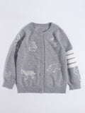 Kids Cashmere Cardigan Animal Embroidery Stripe Sleeve Cashmere Sweater