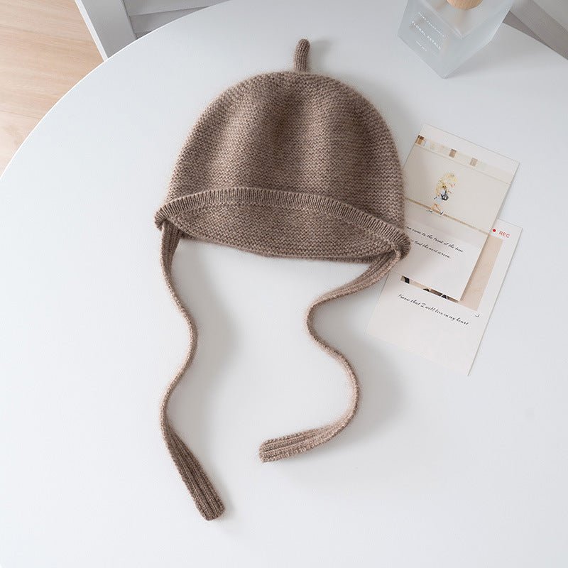 Kids Cashmere Hat with Ties Toddler Cashmere Bonnet Hat Roll Brim