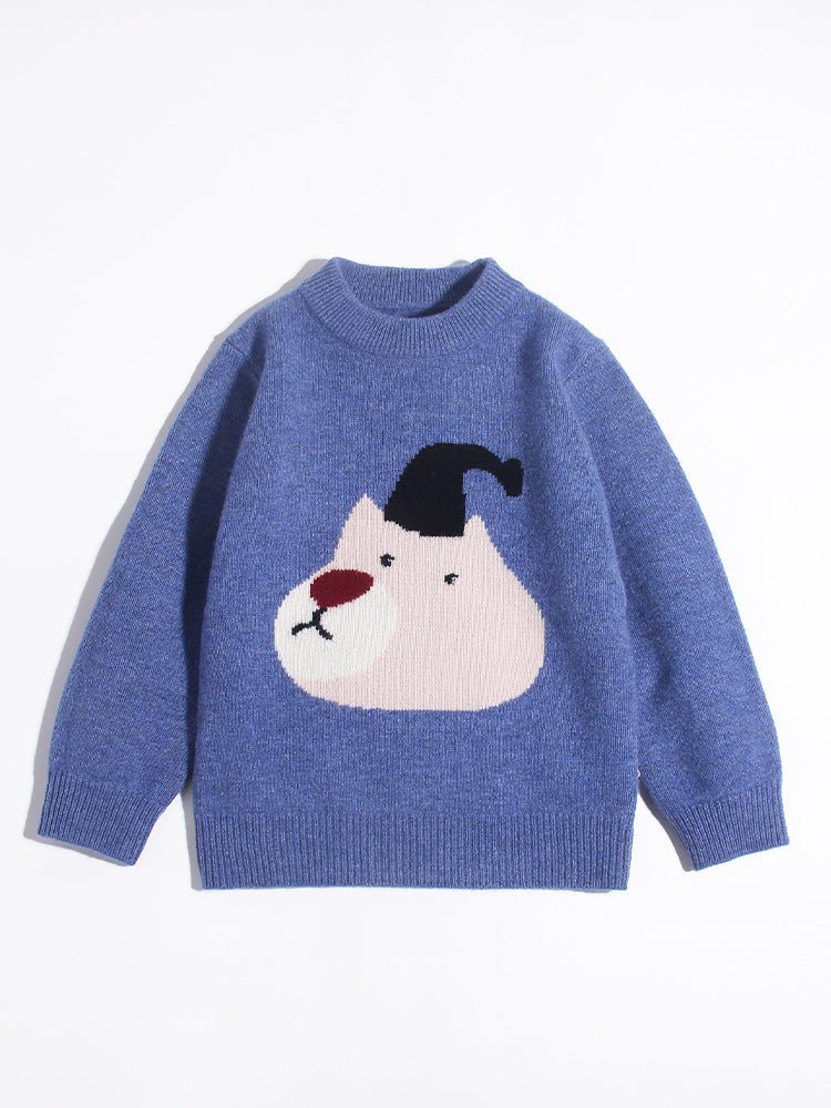 Kids Cashmere Sweater Cartoon Bear Intarsia Crew Neck Cashmere Pullover