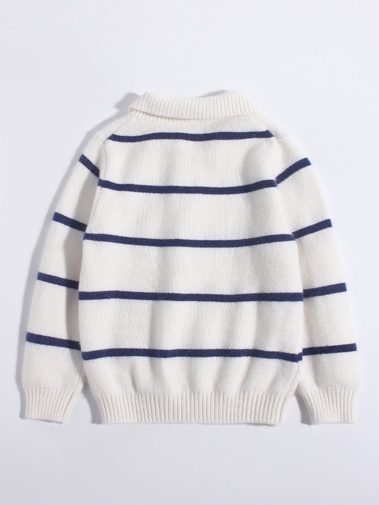 Kids Striped Cashmere Sweater Polo Neck Embroidered Bear Cashmere Pullover