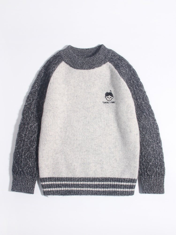 Kids Two Tone Cashmere Sweater Cable Knit Sleeve Cashmere Pullover