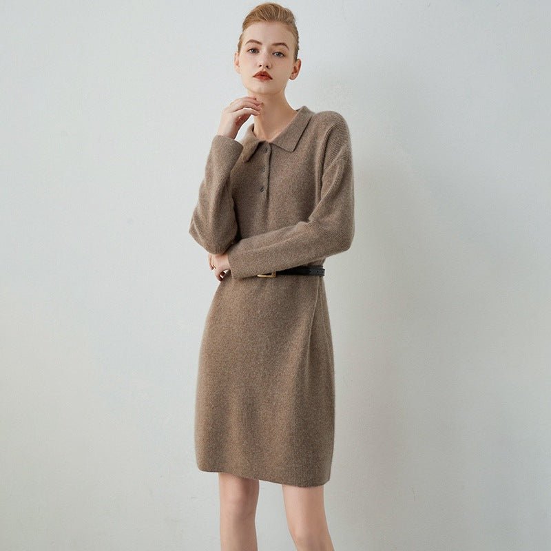 Ladies Lapel Neck Cashmere Dresses Long Sleeve Button Down Cashmere Sweater Dress Women Cashmere Dress