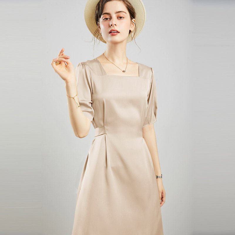 Ladies Pure Silk Dress Square Neck Party Silk Midi Dresses