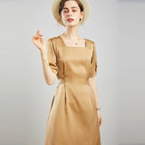 Ladies Pure Silk Dress Square Neck Party Silk Midi Dresses