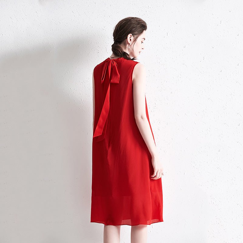 Ladies Red Sleeveless Dress Pure Color Silk Dress 100% Pure Mulberry Silk Dresses