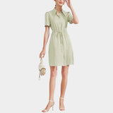 Summer Short Sleeves Silk Dresses 100% Pure Mulberry Silk Shirt Dress Ladies Button Dress - slipintosoft