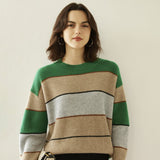 Lady Striped Cashmere Sweater Crewneck Colorblock Knit Drop Shoulder