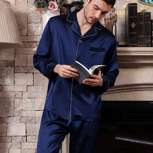 Blue Long Best Mens Silk Pajamas Set Most Comfortable Silk Sleepwear Pajamas -  slipintosoft