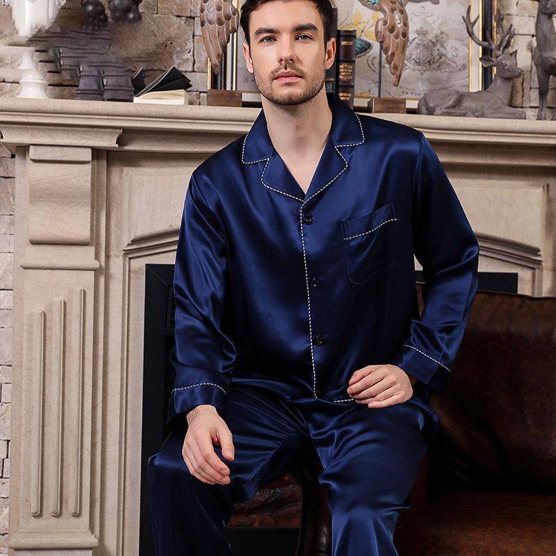 Blue Long Best Mens Silk Pajamas Set Most Comfortable Silk Sleepwear Pajamas -  slipintosoft