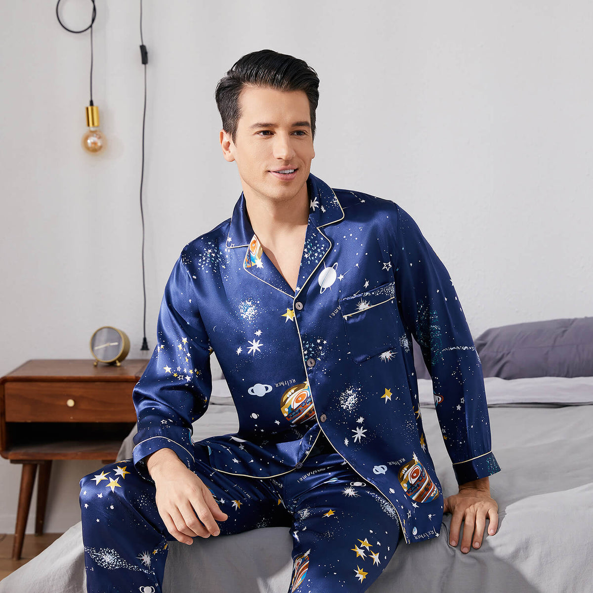 Long Galaxy Print Men Silk Pajama Set Luxury Silk Nightwear