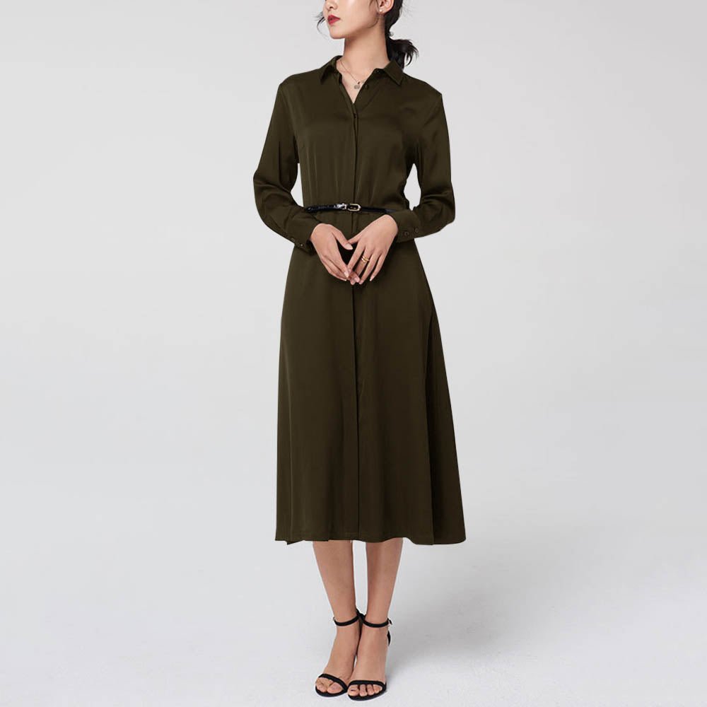 Long Sleeve Button Down Long Silk Dress With Belt - slipintosoft