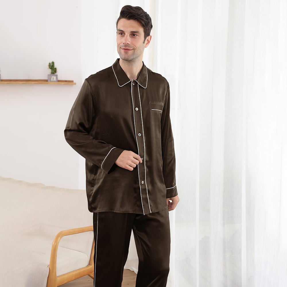 Long Sleeved Two Piece Silk Pajamas Set for Men With Trimming