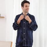 Long Sleeved Two Piece Silk Pajamas Set for Men With Trimming Clearance Sales