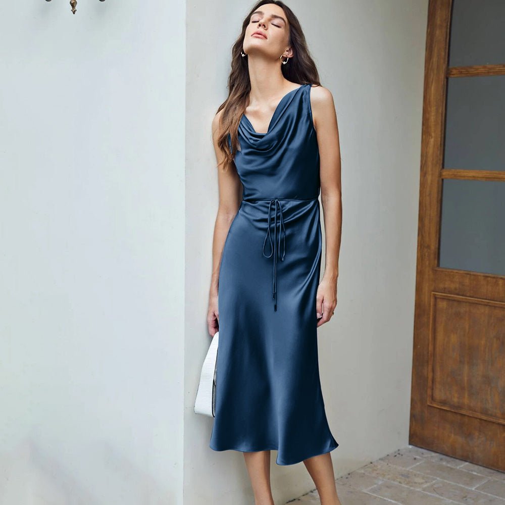 Dark blue Luxury Silk Dresses Cowl Neck Sleeveless One Piece Dress With Belts