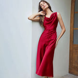 Luxury Silk Dresses Cowl Neck Sleeveless One Piece Dress With Belts - slipintosoft