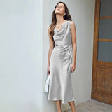 Luxury Silk Dresses Cowl Neck Sleeveless One Piece Dress With Belts - slipintosoft