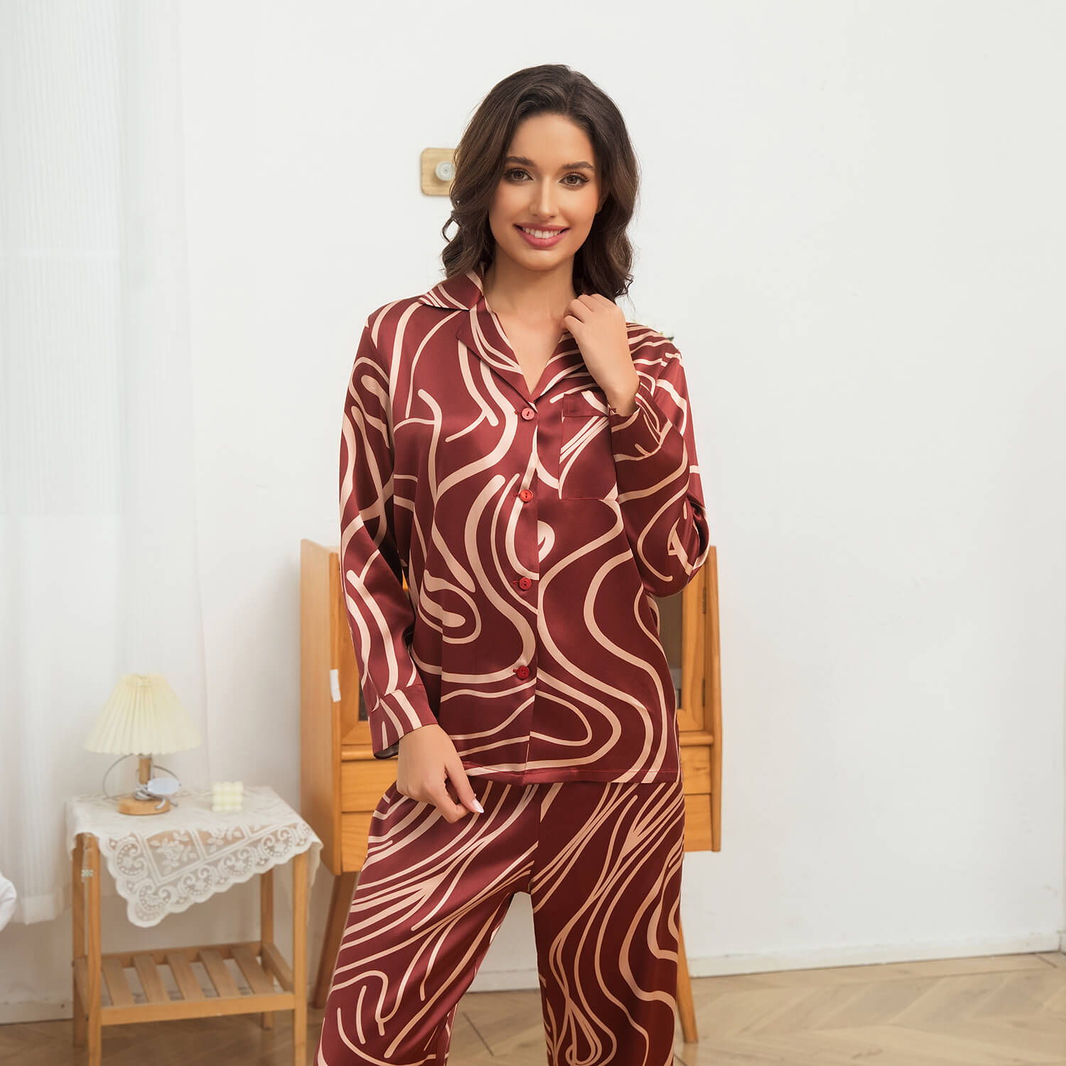 Luxury Swirl Print Long Sleeve Mulberry Silk Pajama Set printed silk sleepwear