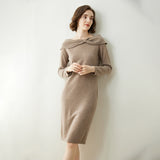 Womens Cashmere Dresses Bow Neck Cashmere Sheath Dress Slim Fit Holiday Party