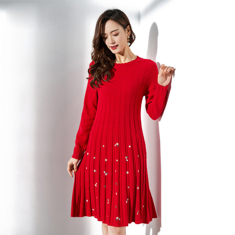 Womens Cashmere Pleated Dresses Long Sleeve Red Cashmere Floral Dress Slim Fit