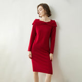 Womens Cashmere Dresses Bow Neck Cashmere Sheath Dress Slim Fit Holiday Party