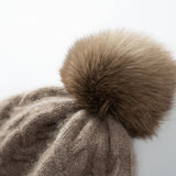 Warm Pure Cashmere Hat for Women Mixed Colors Cashmere Beanie with Fur Pom