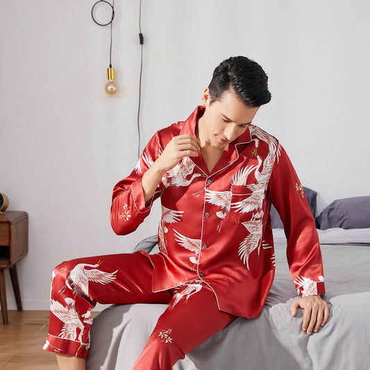 Men Crane Print Long Silk Pajamas Set Pure Silk Sleepwear