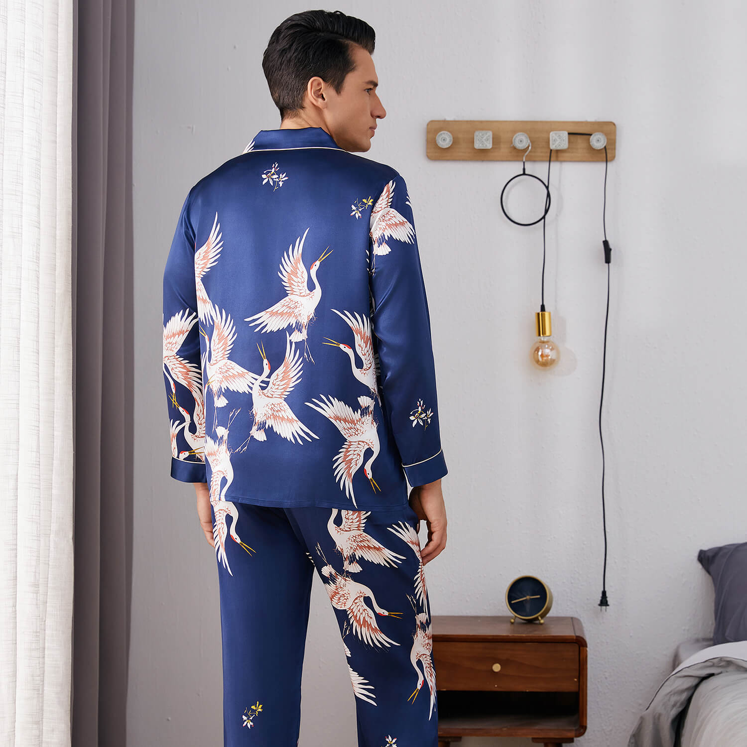 Print long Silk Pajamas Set For Men Classic ButtonDown Silk Sleepwear - slipintosoft