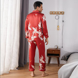 Print long Silk Pajamas Set For Men Classic ButtonDown Silk Sleepwear - slipintosoft