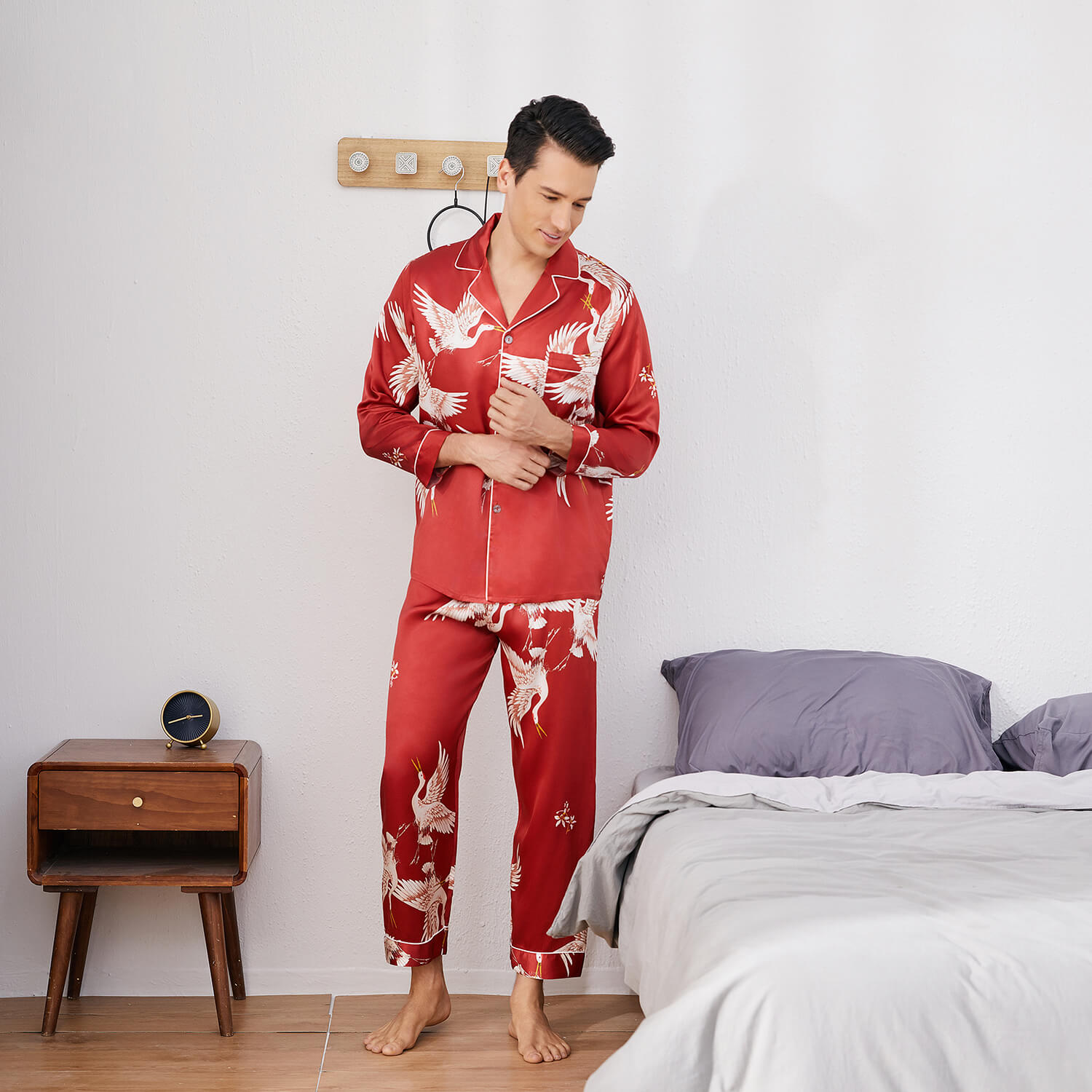 Print long Silk Pajamas Set For Men Classic ButtonDown Silk Sleepwear - slipintosoft