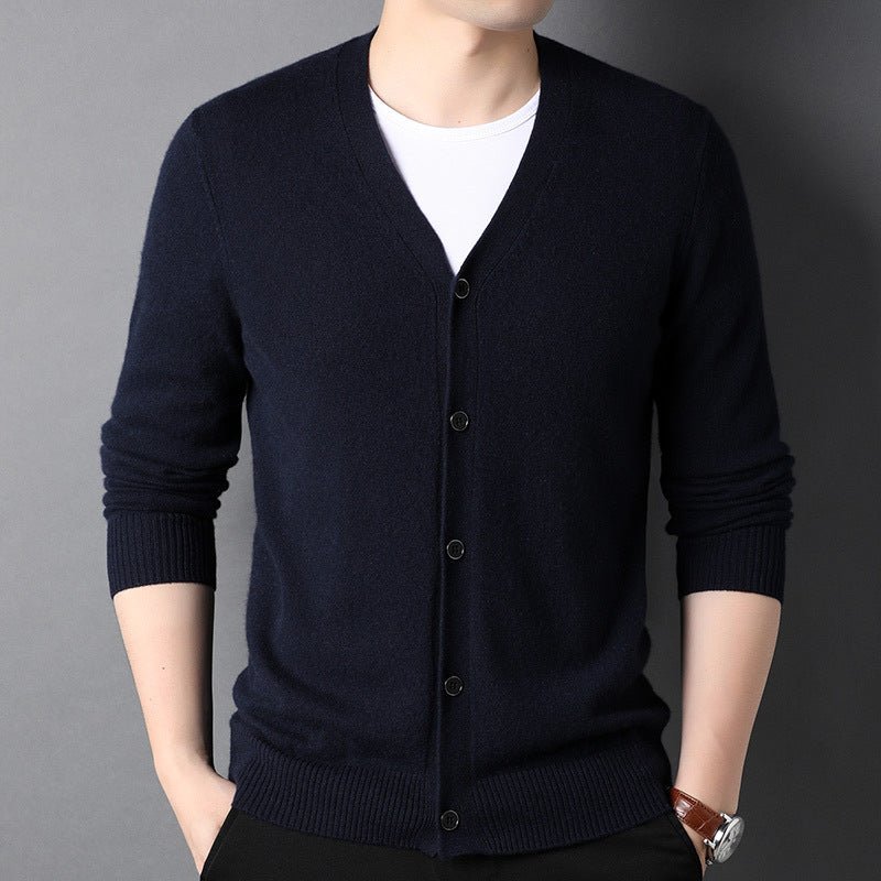 Mens V Neck Button - Up Pure Cashmere Cardigan Long Sleeve Ribbed Hem Knitted Coat