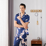 Men‘s Silk Pajama Set Button Down Short Sleeve Print Silk Sleepwear with Long Pants - slipintosoft