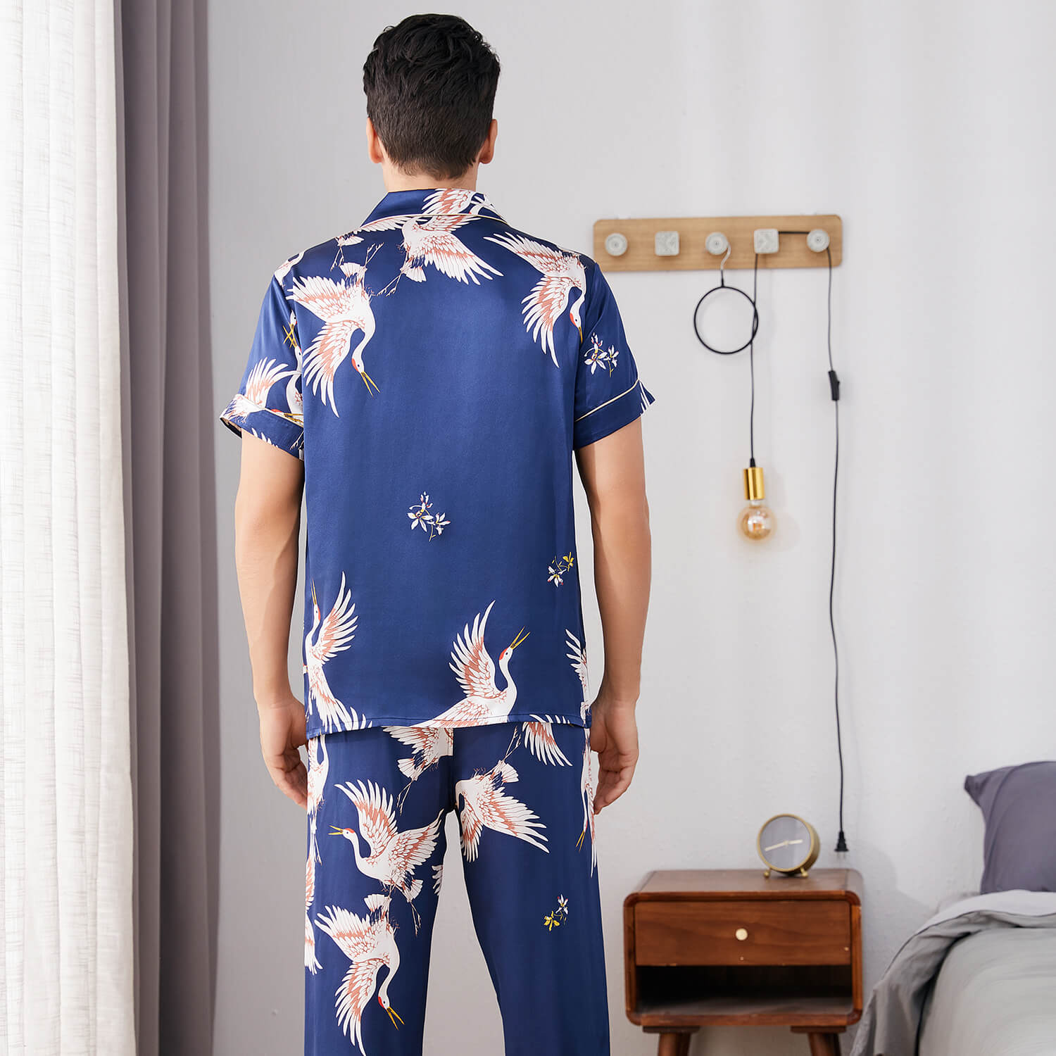 Men‘s Silk Pajama Set Button Down Short Sleeve Print Silk Sleepwear with Long Pants - slipintosoft