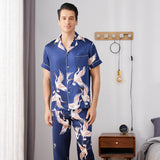 Men‘s Silk Pajama Set Button Down Short Sleeve Print Silk Sleepwear with Long Pants - slipintosoft