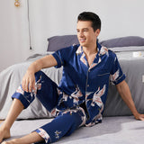 Men‘s Silk Pajama Set Button Down Short Sleeve Print Silk Sleepwear with Long Pants - slipintosoft